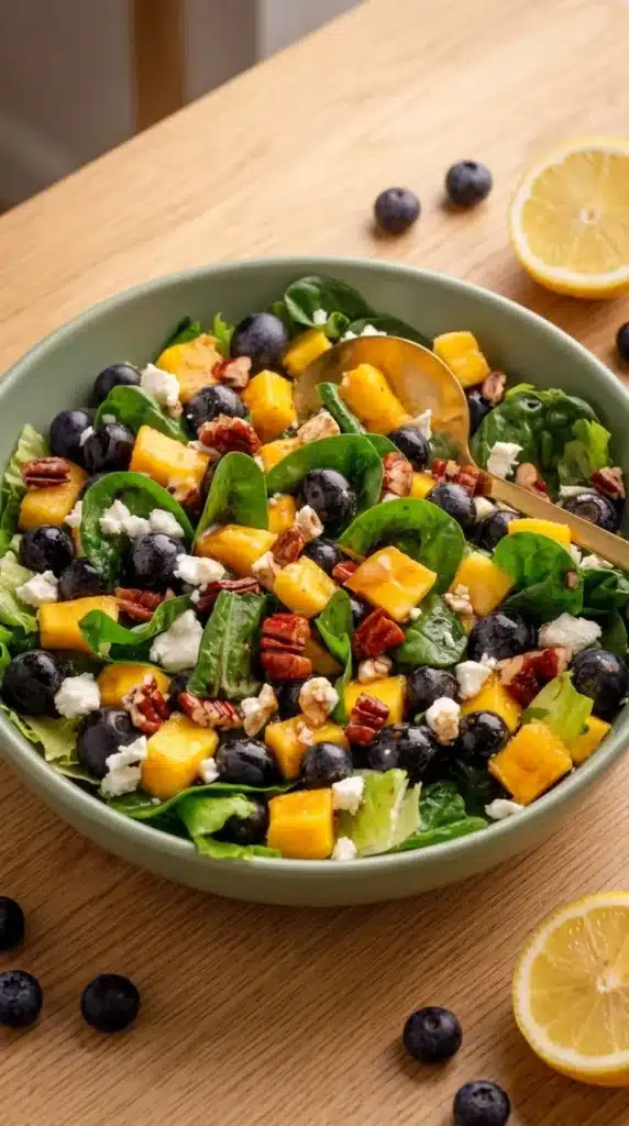 Mango Spinach Salad with blueberries, feta, toasted pecans, and fresh greens in a serving bowl