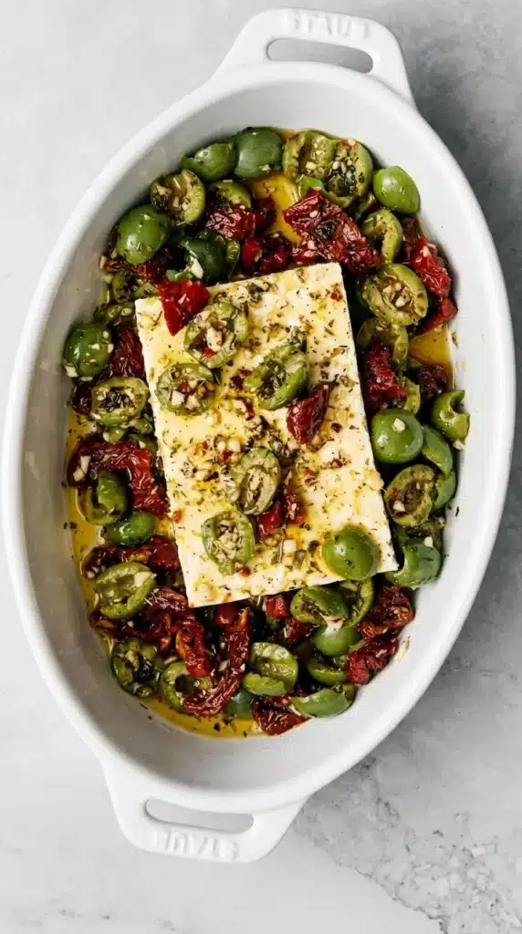 Mediterranean Baked Feta assembled with olives, garlic, herbs, tomatoes, and olive oil before baking.