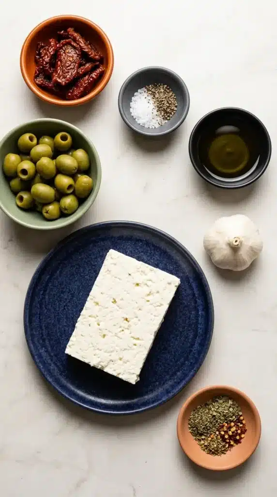 Mediterranean Baked Feta ingredients with feta, olives, garlic, herbs, tomatoes, and olive oil.