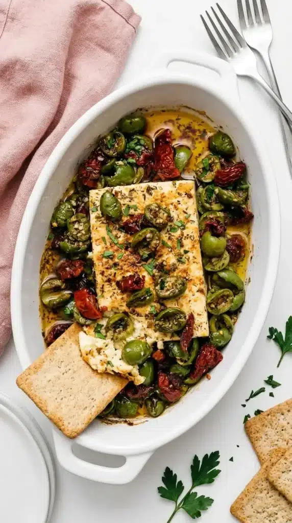 Mediterranean Baked Feta served warm with crostini, olives, tomatoes, herbs, and olive oil.