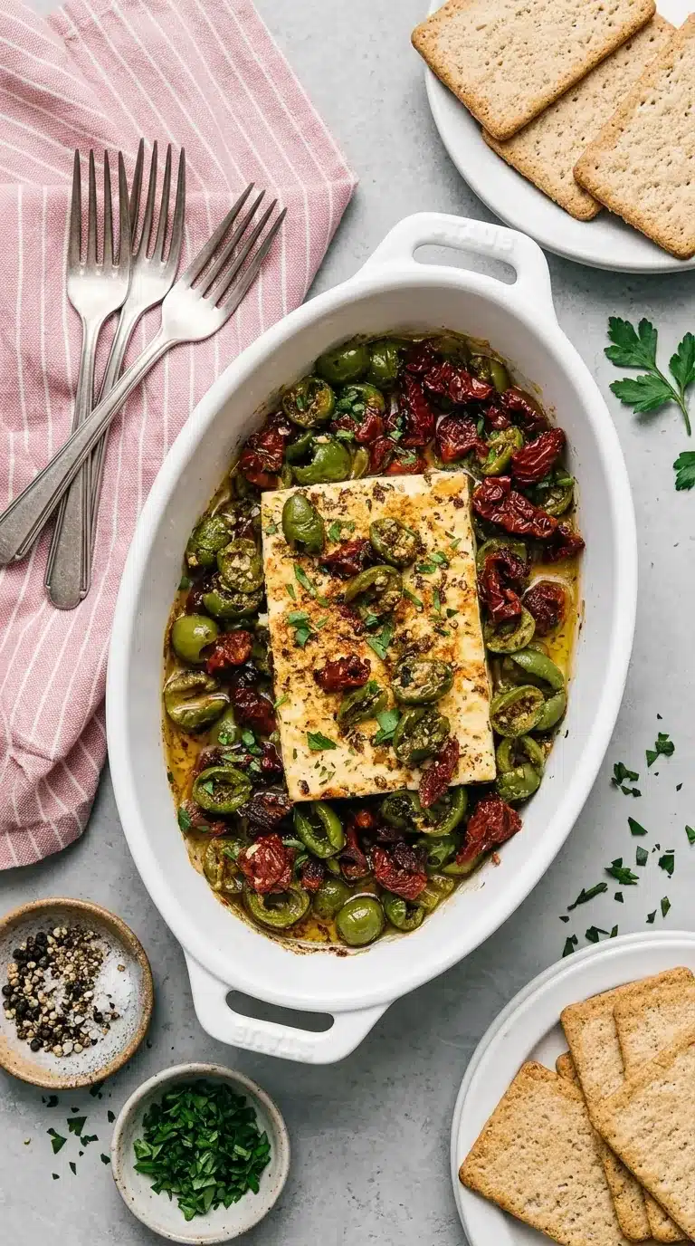 Mediterranean Baked Feta with olives, tomatoes, garlic, herbs, and olive oil.