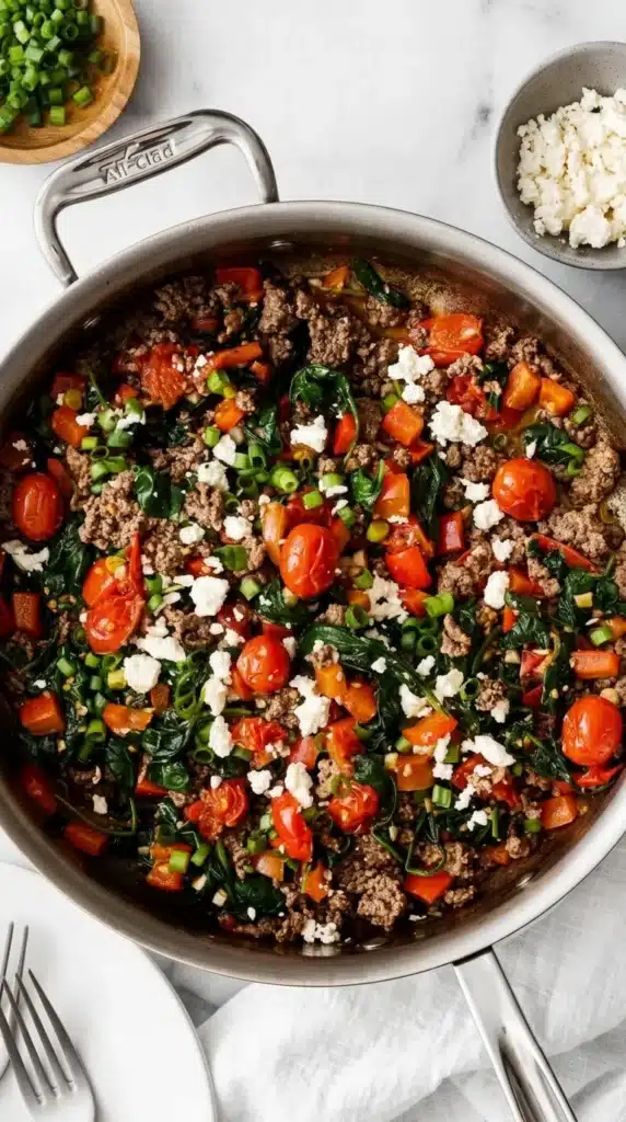 Mediterranean Ground Beef Stir Fry with spinach, feta, tomatoes, and peppers in a skillet
