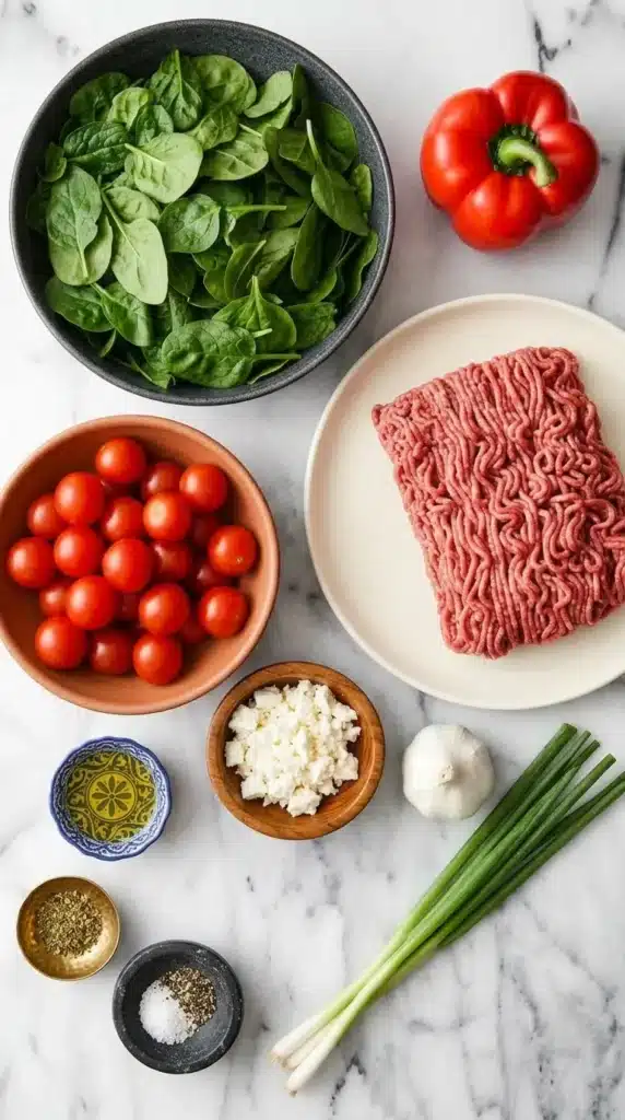 Mediterranean Ground Beef Stir Fry Recipe | Amazing 25 Minute Meal 7 Mediterranean Ground Beef Stir Fry ingredients with beef, spinach, feta, tomatoes, and pepper