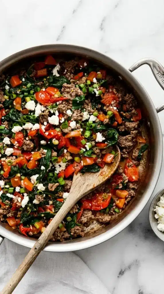 Mediterranean Ground Beef Stir Fry Recipe | Amazing 25 Minute Meal 9 Mediterranean Ground Beef Stir Fry with spinach, feta, tomatoes, and peppers in a skillet