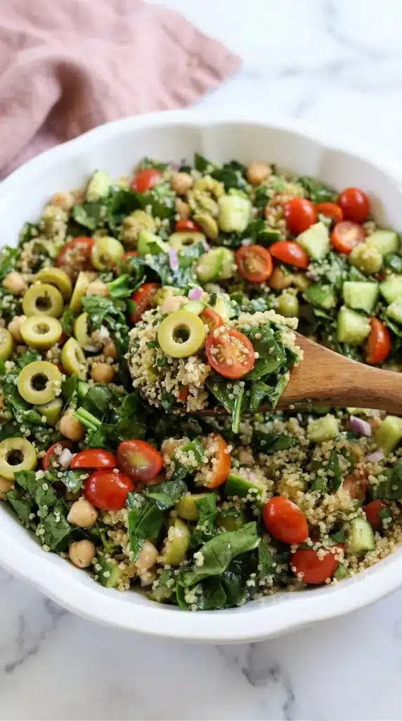Close up of Mediterranean Quinoa Salad on a wooden spoon
