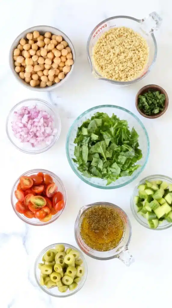 Mediterranean Quinoa Salad ingredients arranged in bowls