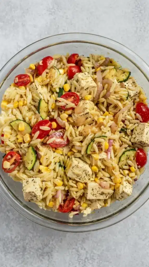 Summer Orzo Salad with Grilled Vegetables | Amazing Easy Lunch 7 Summer Orzo Salad with Grilled Vegetables fully mixed in a glass bowl