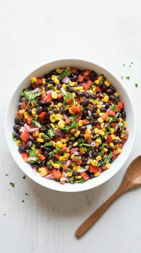 Healthy Corn and Black Bean Salad | Amazing Easy Summer 8 Healthy Corn and Black Bean Salad being mixed in a ceramic bowl