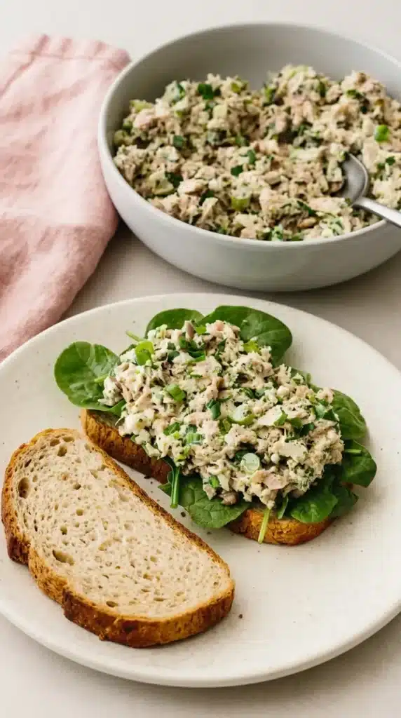 Broccoli Tuna Salad | Amazing Easy Lunch Recipe 9 Broccoli Tuna Salad served on toasted bread with fresh spinach for a healthy lunch