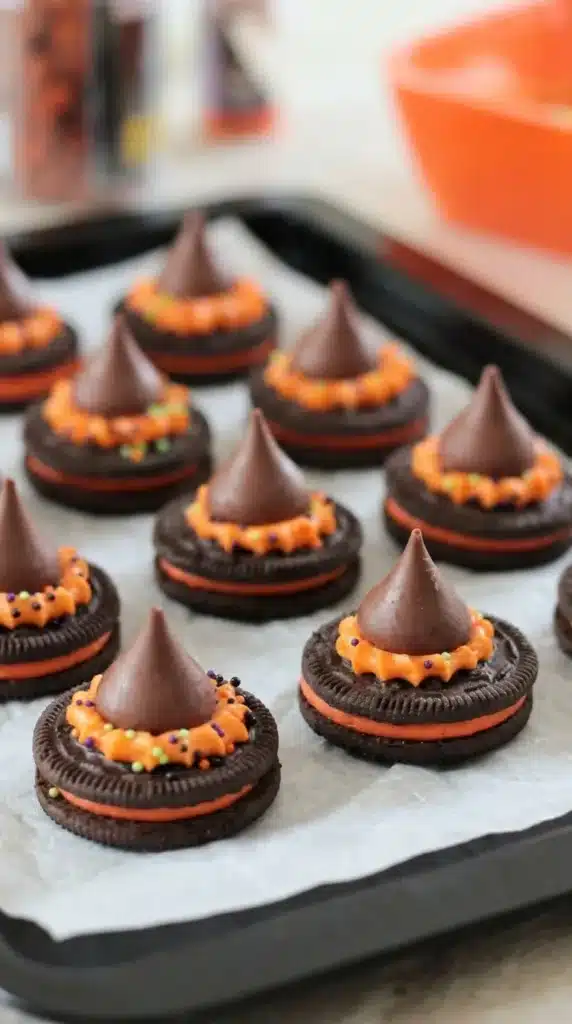 Oreo Witch Hat Cookies Recipe | Easy Halloween Party Favorite 5 Oreo Witch Hat Cookies arranged on a tray with orange frosting