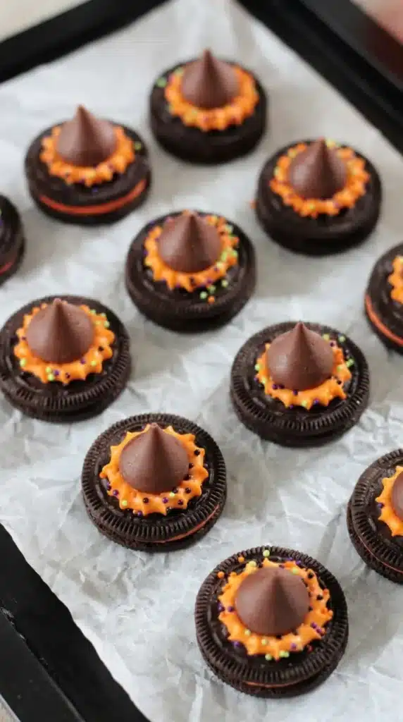 Oreo Witch Hat Cookies Recipe | Easy Halloween Party Favorite 6 Oreo Witch Hat Cookies displayed for a Halloween dessert table