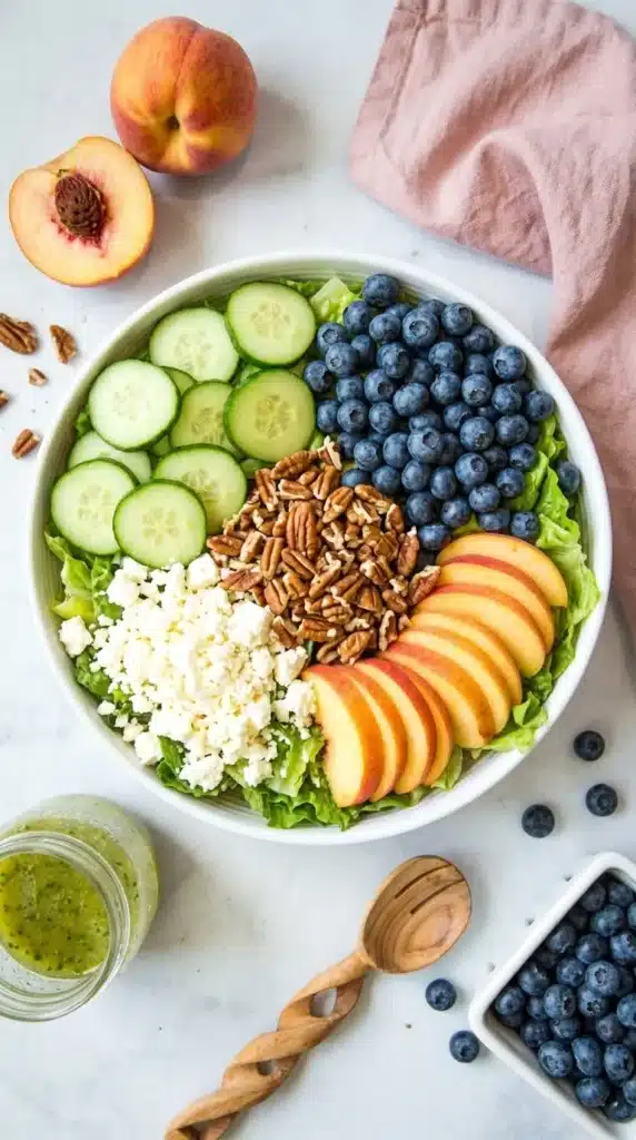 Peach Berry Summer Salad with blueberries, cucumber, feta, pecans, and fresh peaches in a white bowl.