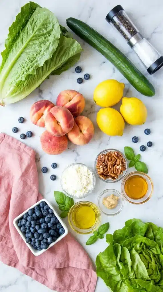 Peach Berry Summer Salad | Fresh and Easy Summer Recipe 6 Peach Berry Summer Salad ingredients including peaches, blueberries, cucumber, lettuce, feta, and pecans.