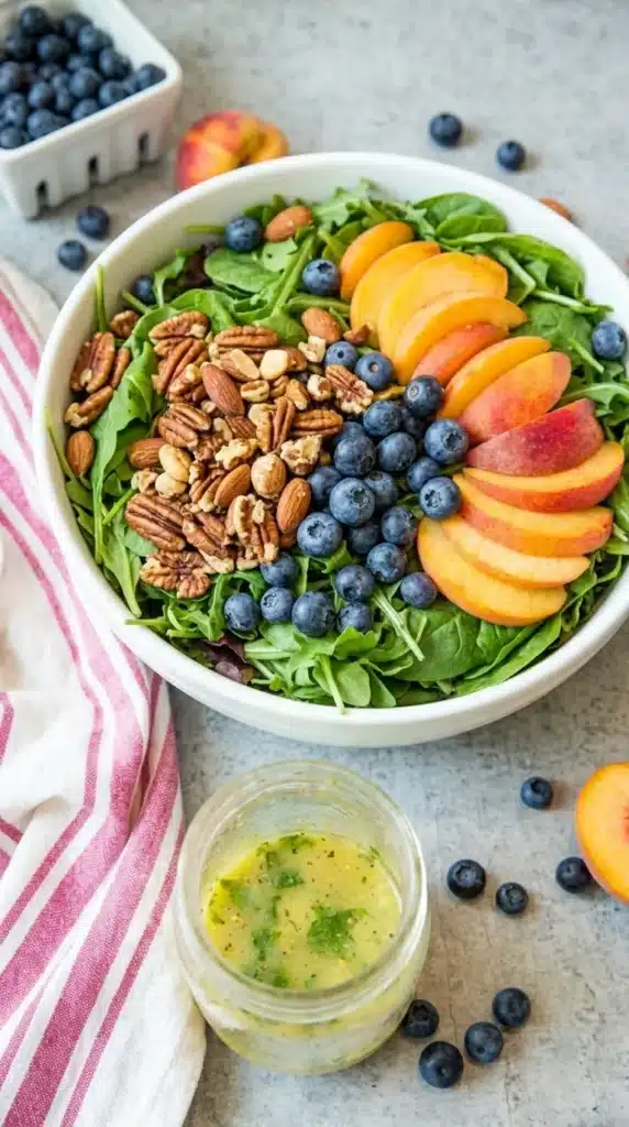 Peach Berry Summer Salad | Fresh and Easy Summer Recipe 7 Homemade lemon basil dressing for Peach Berry Summer Salad in a mason jar.