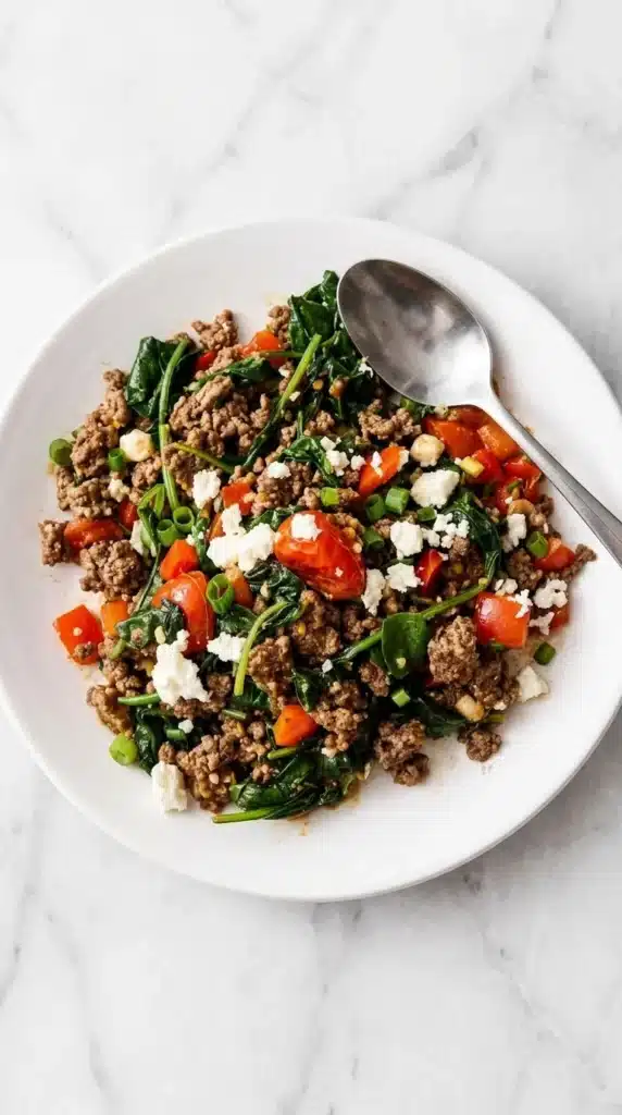 Mediterranean Ground Beef Stir Fry Recipe | Amazing 25 Minute Meal 10 Plated Mediterranean Ground Beef Stir Fry with spinach, feta, tomatoes, and ground beef