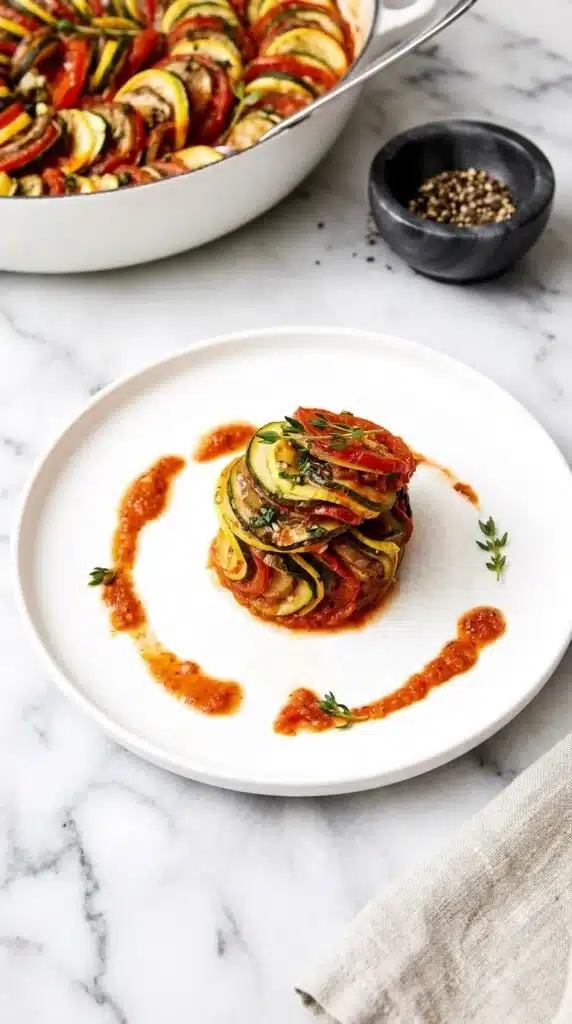 Ratatouille Recipe with Rich Tomato and Roasted Red Pepper Sauce 8 Plated Ratatouille served with rich tomato sauce and fresh thyme.
