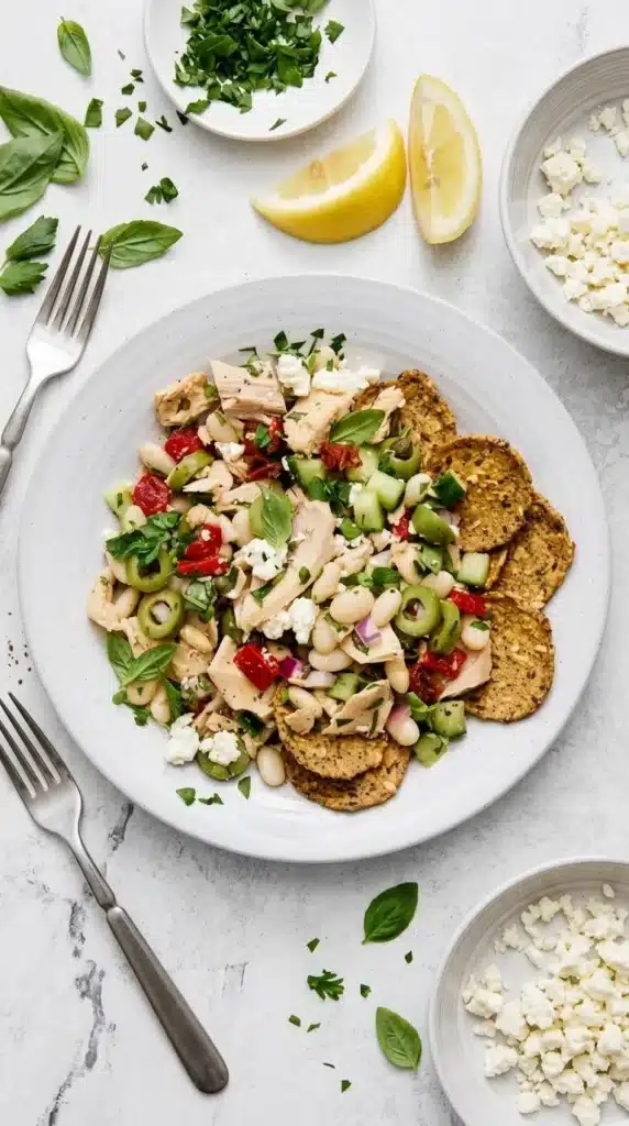 Tuscan Tuna Salad | Amazing Easy No Cook Lunch Recipe 8 Plated Tuscan Tuna Salad served with seeded crackers, feta, and fresh herbs.