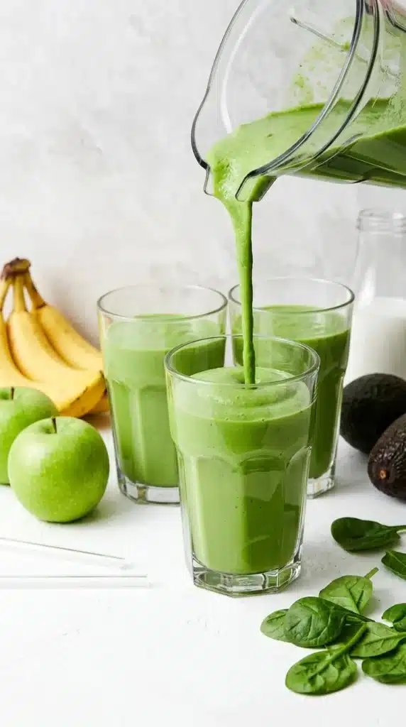 Best Green Smoothie Recipe | Amazing Creamy 5 Minute Breakfast 7 Best Green Smoothie Recipe being poured into a serving glass