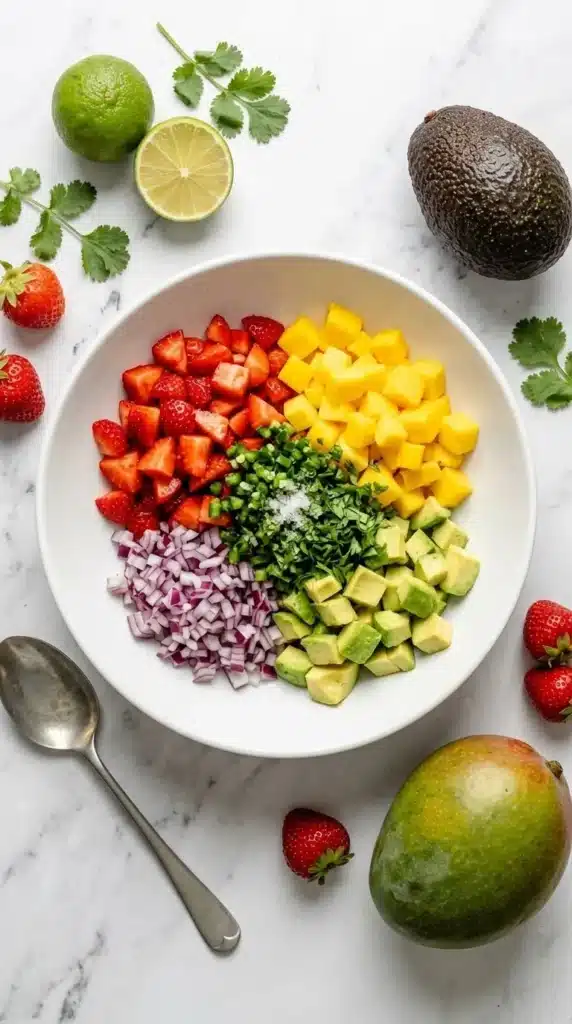 Prepared Avocado Strawberry Mango Salsa ingredients ready to mix in a ceramic bowl.