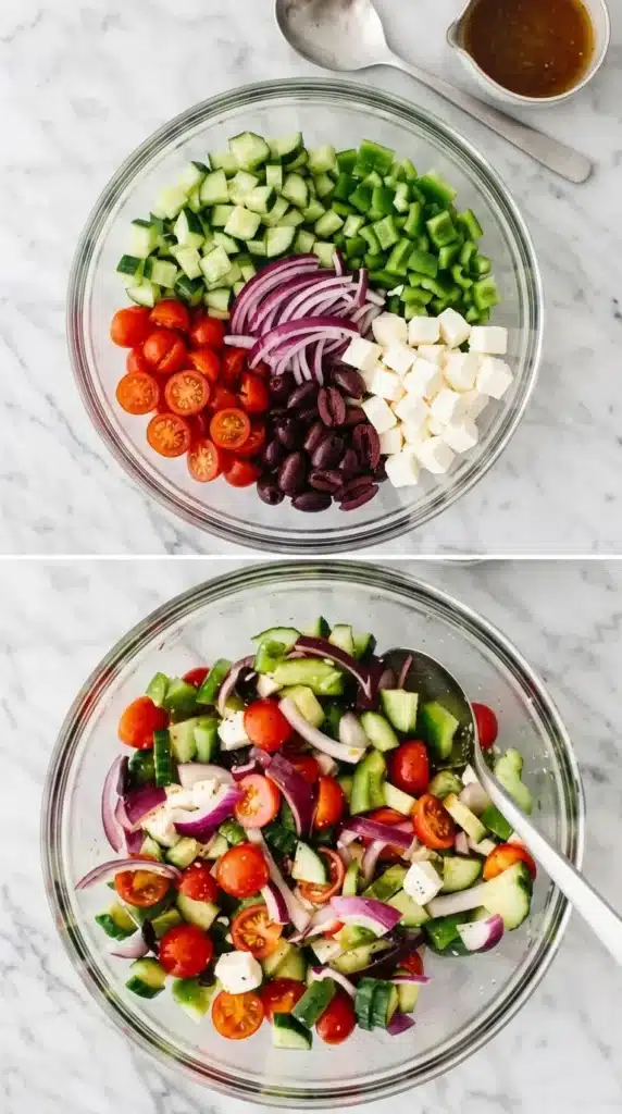 Greek Chicken Salad vegetables before and after mixing with homemade Greek dressing