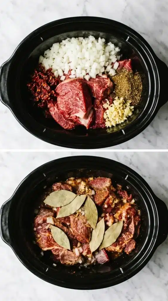 Preparing Barbacoa in a slow cooker with beef, onion, garlic, chipotle peppers, and spices.