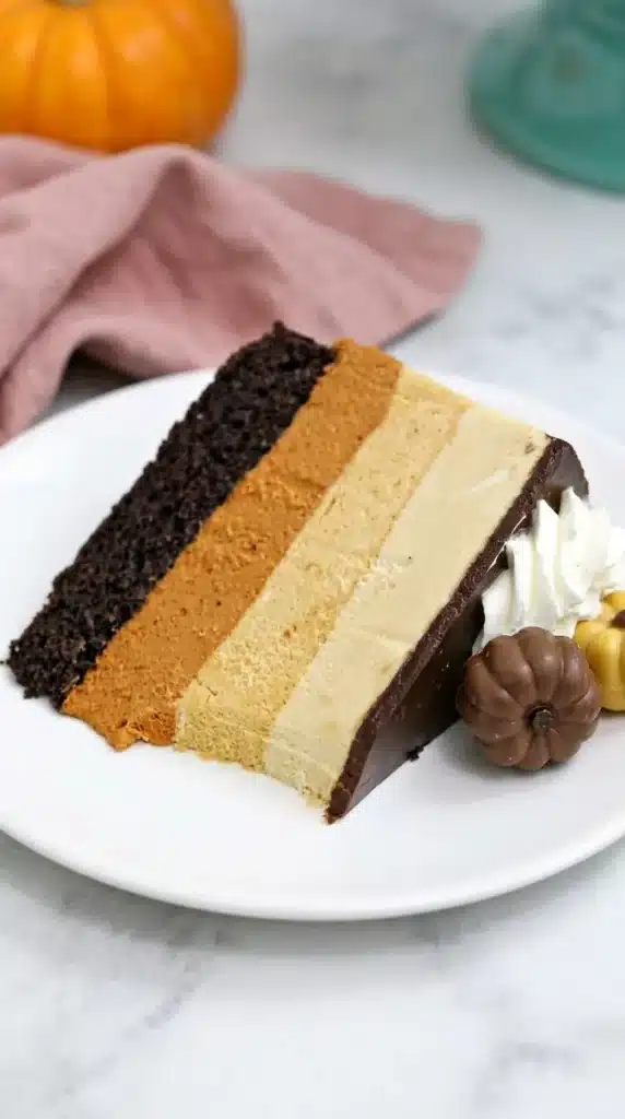 Pumpkin Chocolate Mousse Cake slice with creamy mousse layers and glossy chocolate ganache