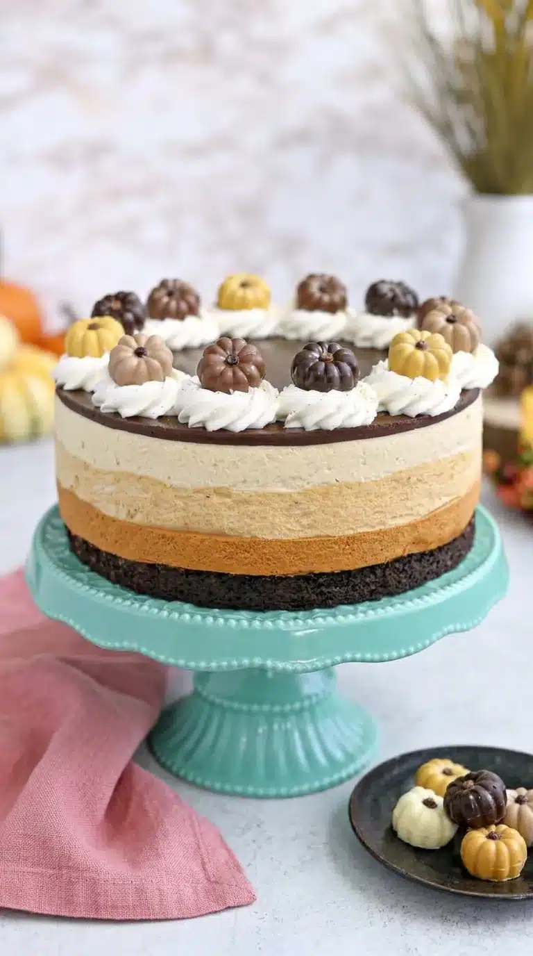 Pumpkin Chocolate Mousse Cake with creamy layers, chocolate ganache, and festive fall decorations