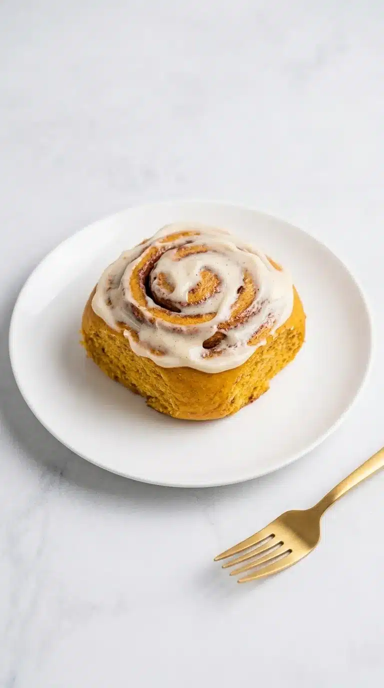 Pumpkin cinnamon roll with brown butter cream cheese frosting on a ceramic plate