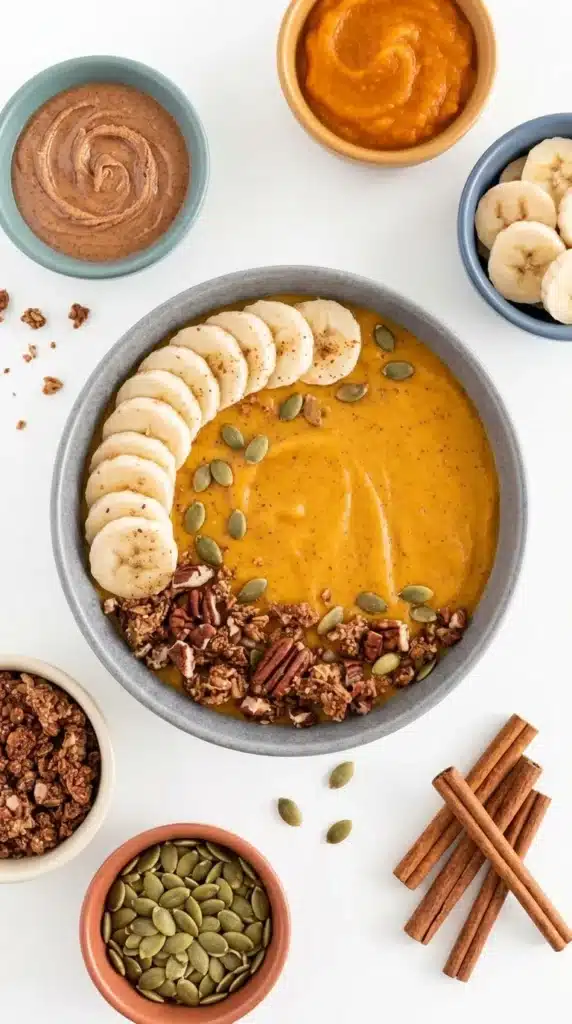 Pumpkin Pie Smoothie Bowl topped with banana, granola, pecans, and pumpkin seeds