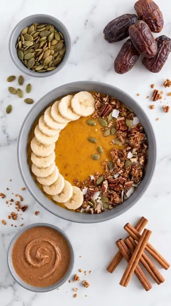 Pumpkin Pie Smoothie Bowl ingredients with pumpkin, banana, almond butter, dates, and spices