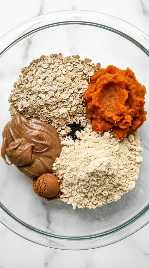 Ingredients for Pumpkin Protein Balls including oats, pumpkin puree, almond butter, and protein powder