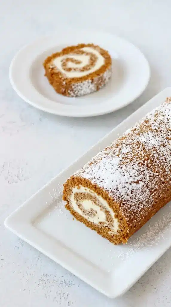 Pumpkin roll slice with cream cheese filling and powdered sugar