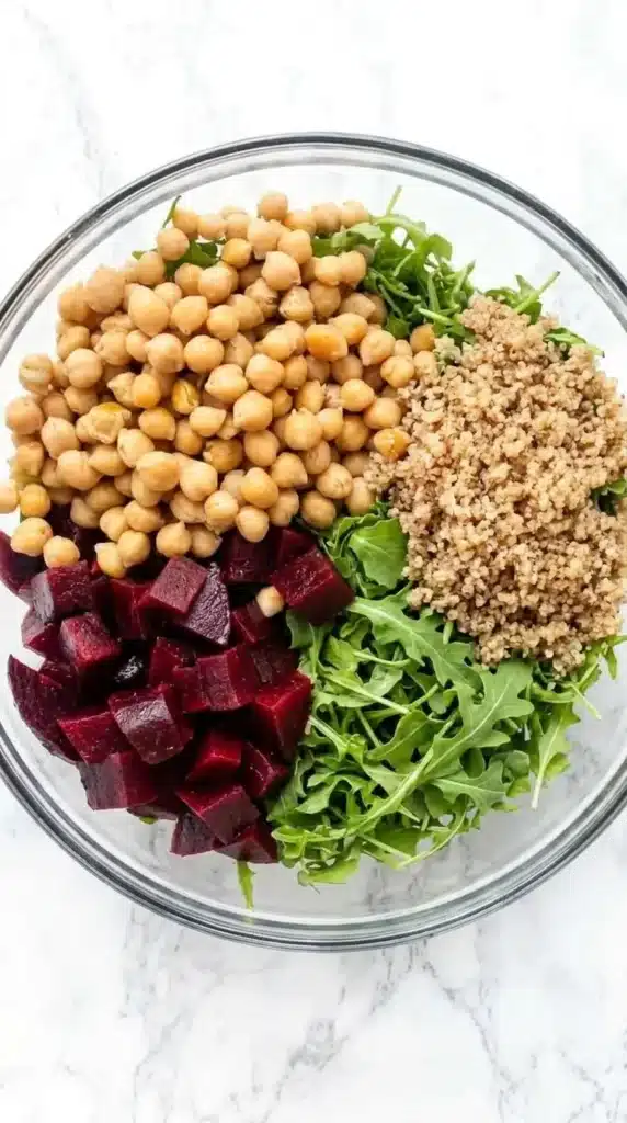 Quick Quinoa Salad | Amazing Easy Lunch Recipe 4 Quick Quinoa Salad ingredients with quinoa, chickpeas, beets, and arugula