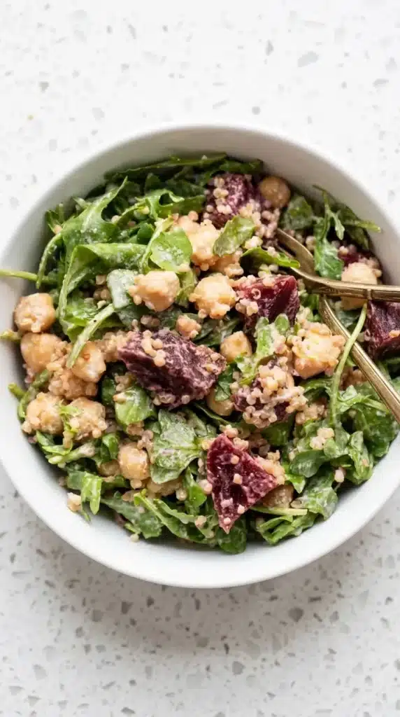 Quick Quinoa Salad | Amazing Easy Lunch Recipe 5 Quick Quinoa Salad with chickpeas, beets, arugula, and tahini dressing