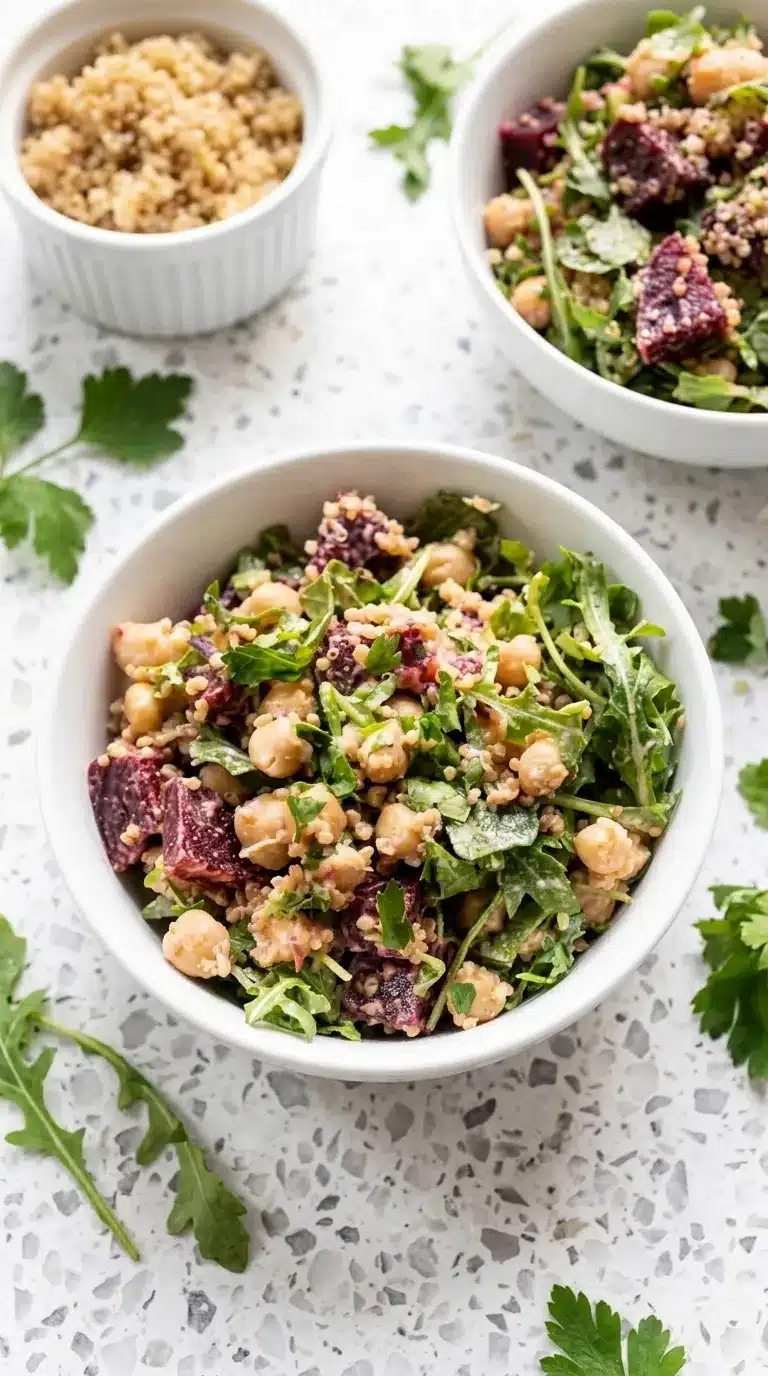 Quick Quinoa Salad with chickpeas, beets, arugula, and creamy tahini dressing