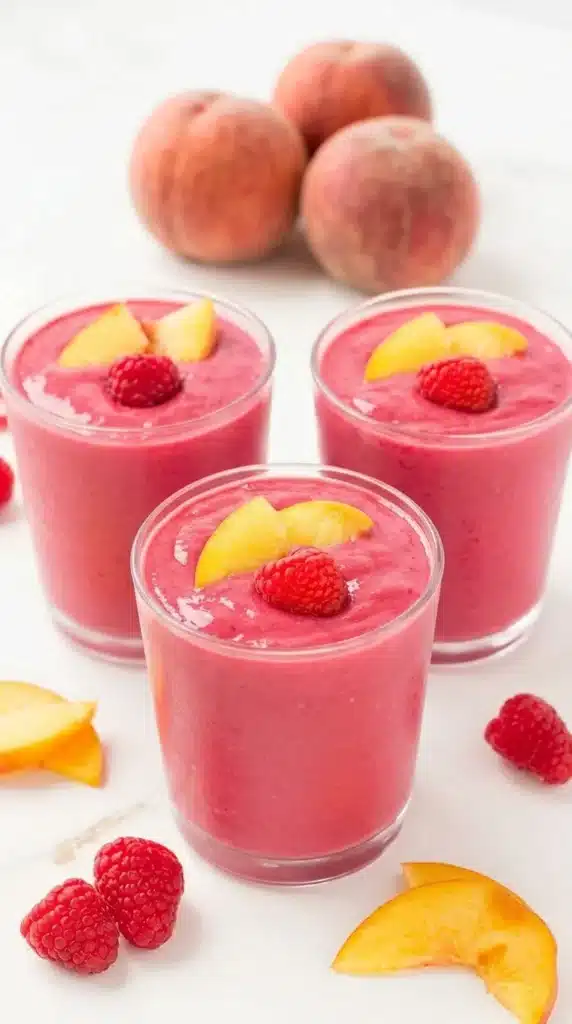 Creamy Raspberry Peach Smoothie topped with fresh raspberries and peach slices.