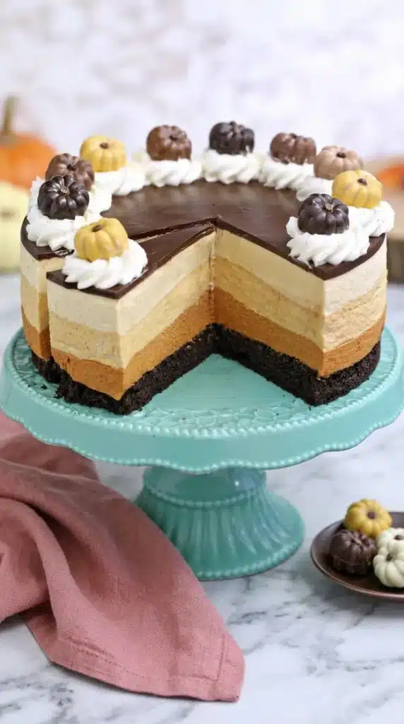 Sliced Pumpkin Chocolate Mousse Cake showing creamy pumpkin mousse and chocolate cake layers