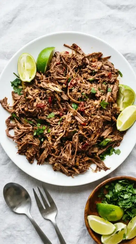 Slow cooker Barbacoa with tender shredded beef, cilantro, and fresh lime wedges.