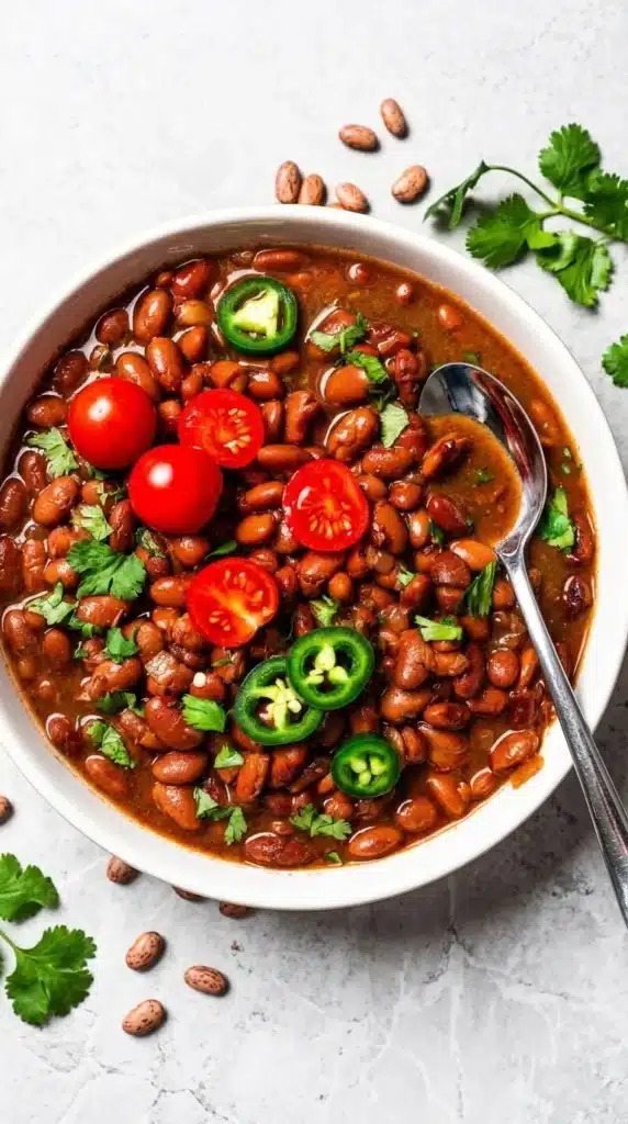 Slow Cooker Pinto Beans Recipe | Amazing Easy Family Dinner 8 Slow Cooker Pinto Beans served with jalapenos, tomatoes, and cilantro