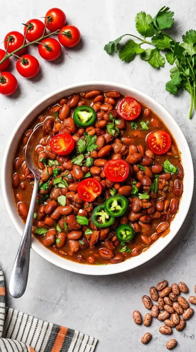 Slow Cooker Pinto Beans topped with jalapenos, tomatoes, and cilantro