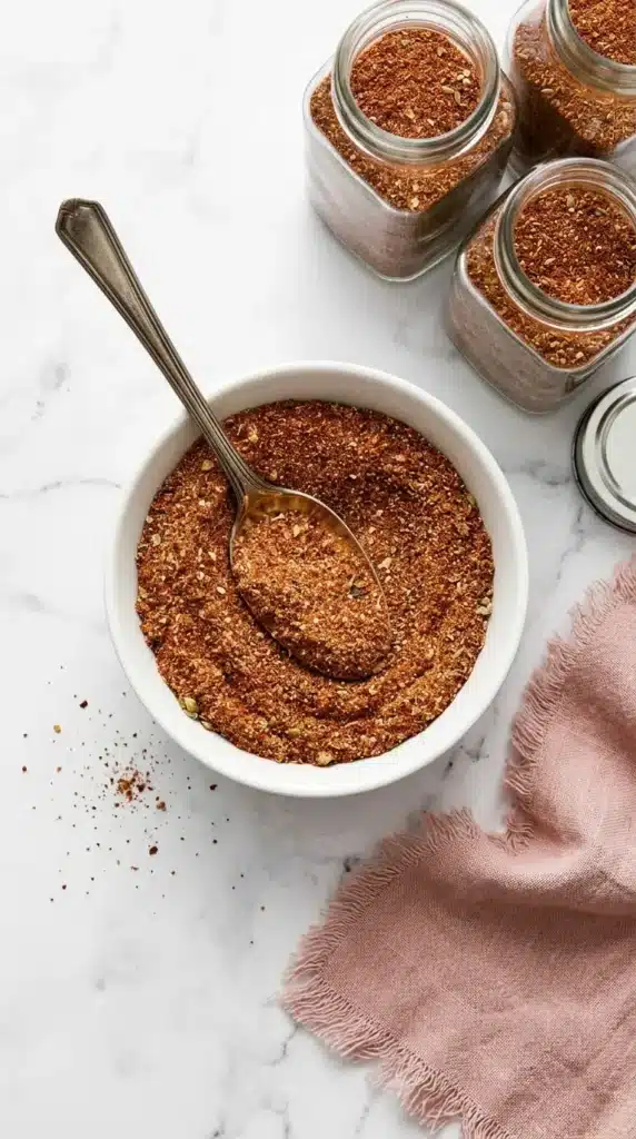 Fajita Seasoning Recipe | Amazing Easy Homemade Blend 6 Homemade Fajita Seasoning stored in a glass jar beside a ceramic bowl