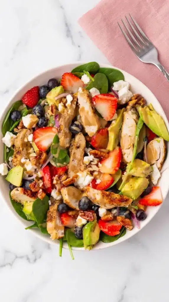 Strawberry Chicken Salad with chicken, berries, avocado, feta, pecans, and creamy balsamic dressing