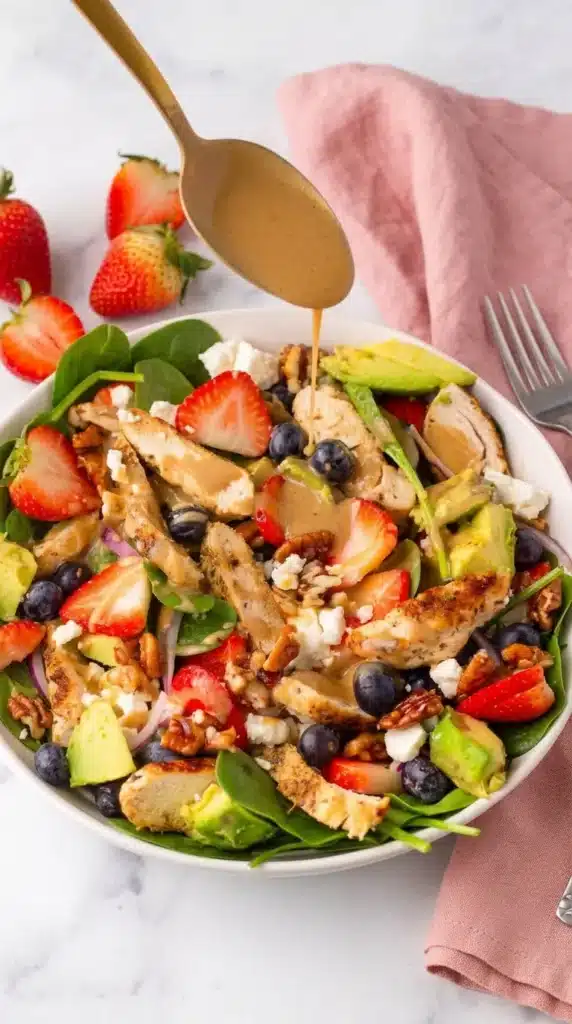 Creamy balsamic dressing poured over Strawberry Chicken Salad with chicken, berries, avocado, and feta