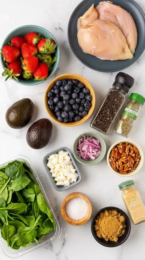 Strawberry Chicken Salad ingredients with chicken, spinach, berries, avocado, feta, and pecans