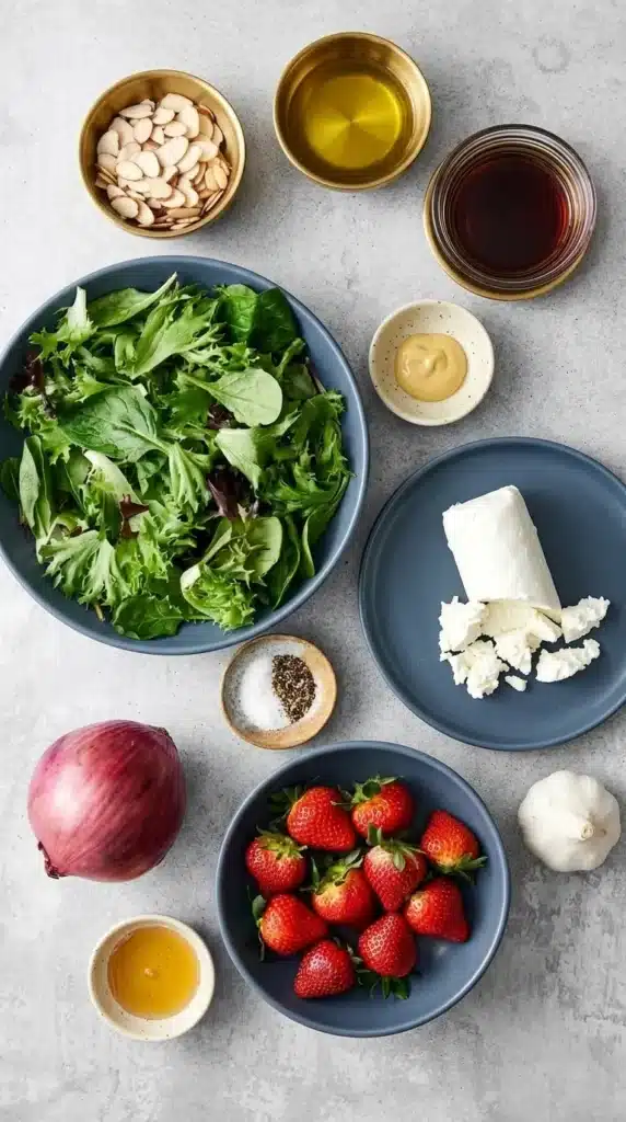 Strawberry Salad | Amazing Homemade Balsamic Recipe 9 Strawberry Salad ingredients with greens, strawberries, goat cheese, almonds, and balsamic dressing ingredients