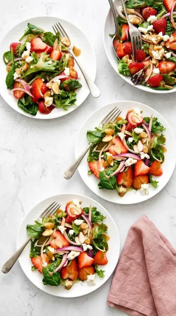 Strawberry Salad | Amazing Homemade Balsamic Recipe 12 Strawberry Salad served on plates with goat cheese, almonds, and balsamic vinaigrette
