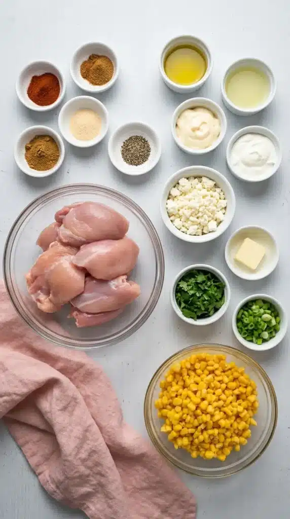 Street Corn Chicken Rice Bowl ingredients arranged in glass bowls