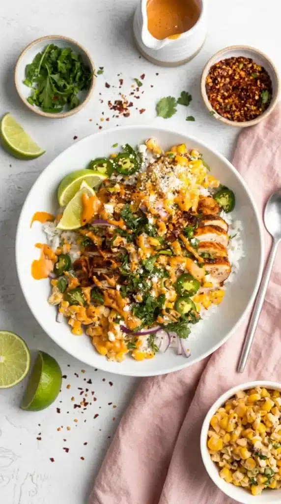 Street Corn Chicken Rice Bowl with grilled chicken, creamy corn, cotija cheese, cilantro, and lime