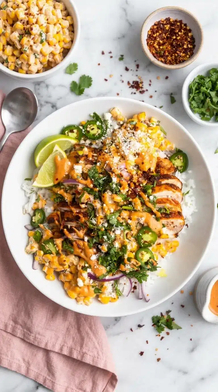 Street Corn Chicken Rice Bowl with grilled chicken, creamy corn, rice, cotija cheese, cilantro, and lime