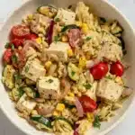 Summer Orzo Salad with Grilled Vegetables | Amazing Easy Lunch 9 Summer Orzo Salad with grilled vegetables, tofu, corn, zucchini, and cherry tomatoes in a ceramic bowl